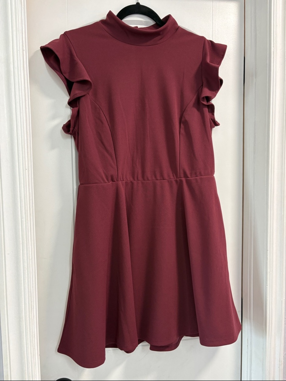Francesca's Collections Burgundy Mock Neck Ruffle Sleeve Dress